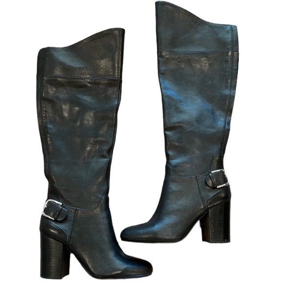 Vince Camuto Sidney Leather Knee High Riding Buckle Boots Black - Picture 2 of 4